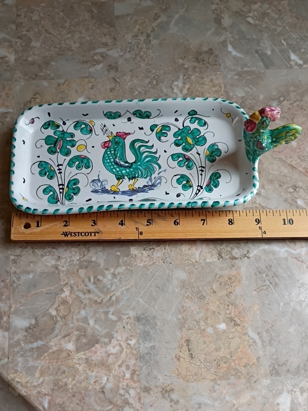 Majolica Orvieto Green Rooster Olive Dish from Deruta Italy Signed